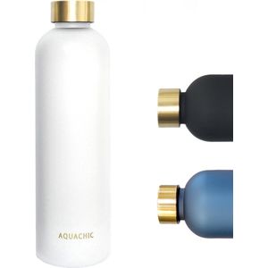 Aquachic - 1L Waterfles met 2 doppen en tijdsmarkeringen - Lekvrij & licht - Duurzaam - Nederlands merk - Drink fles / Bidon-  Wit 1 liter