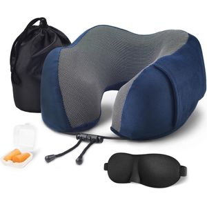 SUNMOOL Memory Foam Nekkussen Inclusief Slaapmasker & Oordopjes - Reiskussen - Vliegtuig Kussen - Travel Pillow : Blauw