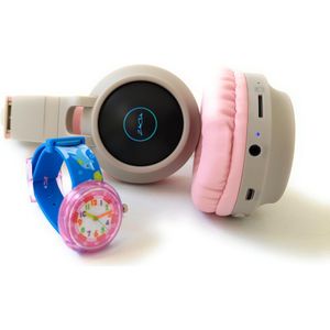 ZaciaToys Bluetooth Draadloze On-Ear Koptelefoon voor Kinderen GrijsRoze Incl. educatief kinderhorloge - Kattenoortjes - Kinder Hoofdtelefoon - Draadloos Headphone - Handsfree - Gehoorbescherming - Schakelbare LED-verlichting