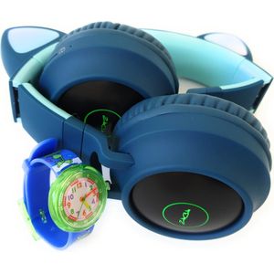 ZaciaToys Bluetooth Draadloze On-Ear Koptelefoon voor Kinderen Groen Incl. educatief kinderhorloge - Kattenoortjes - Kinder Hoofdtelefoon - Draadloos Headphone - Handsfree - Gehoorbescherming - Schakelbare LED-verlichting