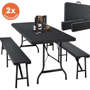 Lenx Klaptafel met 2 Klapbanken - 3 in 1 Set - Inklapbare tafel - 180x75x74cm - Opvouwbare Tuintafel - Vouwtafel - Inclusief handvat en 2 tafelkleden - 6 tot 8 Personen