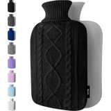 Warmwaterkruik met Gebreide Hoes - Zachte Premium Hoes - 1.8 L Kruik - Warmwaterkruik voor Pijnverlichting voor de Rug, Nek en Schouders - Geweldig Cadeau voor Vrouwen en Kinderen - Zwart