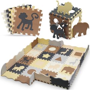 Luxema Speelmat - Speelkleed - Speelmat Baby - Foam Puzzelmat - Dieren - Extra dik 1,4 cm - 52-delig - 8 Figuren - 6 kleuren - Bruin - Beige - Zalm - Geel - Grijs - Lichtgrijs - Kraamcadeau