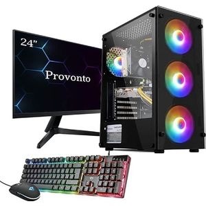 Provonto 12 Core Mid-Range Gaming PC Set (Intel Xeon E5-2650 v4, AMD Radeon RX 580, 16GB RAM, 512GB M.2 SSD + 24 Inch Monitor + Muis + Toetsenbord) Windows Desktop Game Computer incl. Beeldscherm