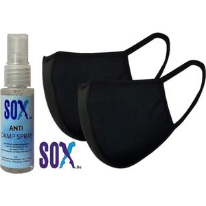 SOX Anti Damp Spray met 2 Wasbare Mondmaskers M/L in 3D Druppelafstotende stof en opening voor filter COVID 19