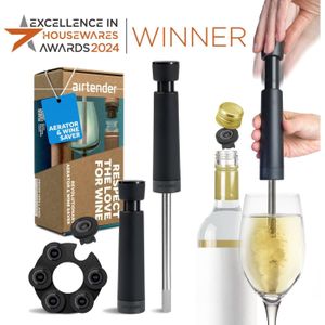 Airtender - Wijnbeluchter RVS en Vacuümset - Vacuümpomp - 6x Wijnstoppers - in Geschenkdoos - BPA BPS vrij - 5 jaar garantie