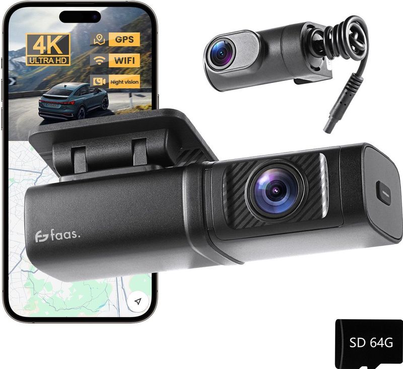 Faas - Dashcam - Zwart - 4K - Dual Dashcam - 64GB - G-sensor en Time-lapse Functie