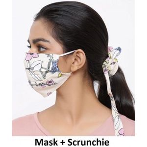 Fashion wasbaar katoenen mondmasker - mondkapje met Scrunchie - bloemen beige