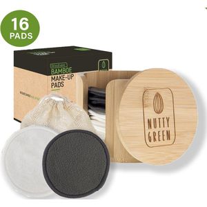Nutty Green Wattenschijfjes (16 stuks) - Herbruikbaar - Hypoallergeen Bamboe - Make Up Remover Pads - Basic Watjes - Charcoal Watten