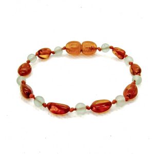 Wild Sun Barnsteen Armband Baby / Peuter - Amber Enkelbandje - Baltische Barnsteen – Pijnstillend bij Doorkomende Tanden - 14 cm - Beans - Cognac / Aventurijn groen