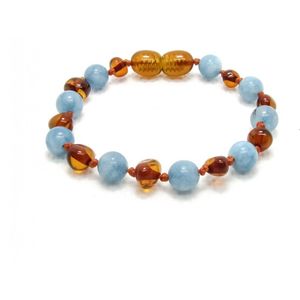 Wild Sun Barnsteen Armband Baby / Peuter - Amber Enkelbandje - Baltische Barnsteen – Pijnstillend bij Doorkomende Tanden - 14 cm - Cognac / Aquamarijn