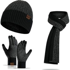 FEDEC Winterset Voor Mannen - Handschoenen - Sjaal - Muts - Zwart / Grijs
