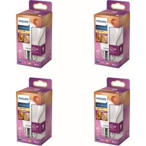 Philips Voordeelverpakking - E27 - WarmGlow - LED Standaardlamp - Mat - 60W - Dimbaar - Warmwit Licht - Set van 4 Stuks