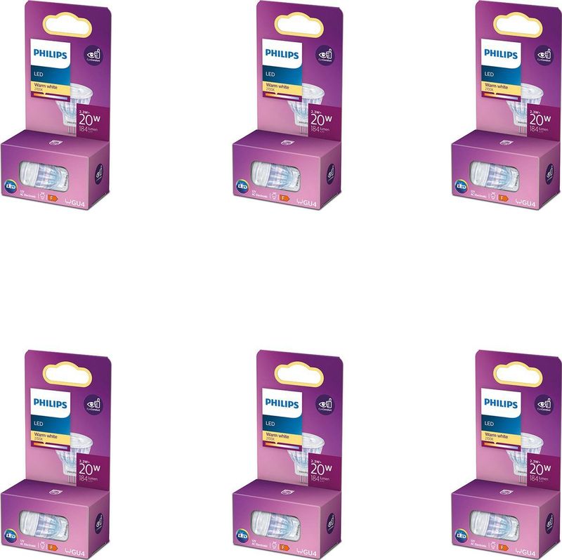 Philips - GU4 - LED Spotlamp - Warmwit Licht - Set van 6 Stuks - 12V - 20W - Niet Dimbaar