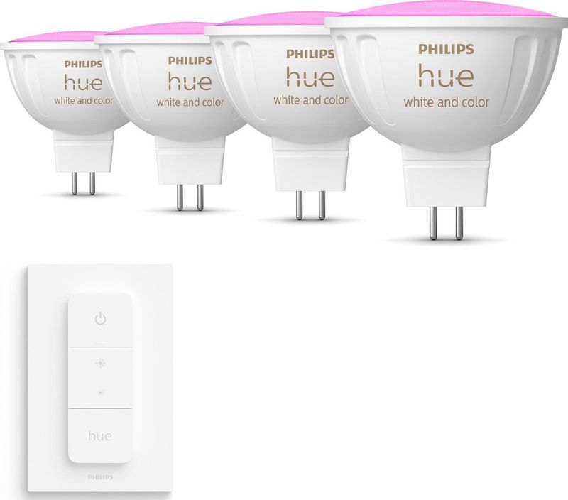 Philips Hue Voordeelpakket - GU5.3 - met 4 Spotjes (MR16) - 12V - Wit en Gekleurd Licht - Incl. 1 Hue Dimmer Switch - Hue White and Color Ambiance