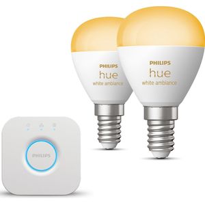 Philips Hue Starterspakket - E14 - met 2 Kogellampen - Warm tot Koelwit Licht - Incl. 1 Hue Bridge - Hue White Ambiance