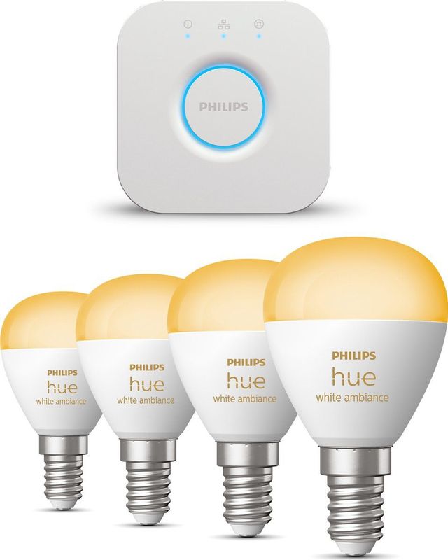 Philips Hue Starterspakket - E14 - met 4 Kogellampen - Warm tot Koelwit Licht - Incl. 1 Hue Bridge - Hue White Ambiance