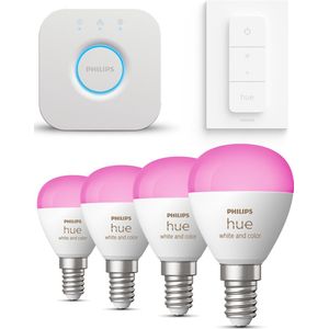 Philips Hue Starterspakket - E14 - met 4 Kogellampen - Wit en Gekleurd Licht - Incl. 1 Hue Bridge, 1 Hue Dimmer Switch - Hue White and Color Ambiance