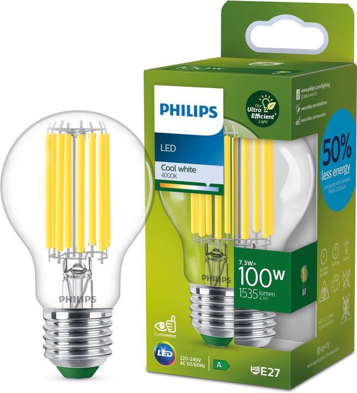 Philips Ultra Efficient LED lamp Transparant - 100 W - E27 - Koelwit licht