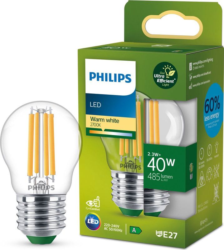 Philips Ultra Efficient LED kogellamp Transparant - 40 W - E27 - Warmwit licht