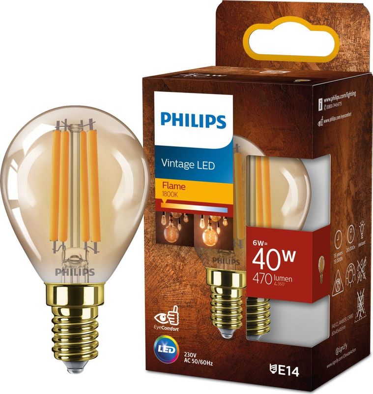 Philips - E14 - LED Lamp - Goudkleurig - Flame Wit Licht - 6W