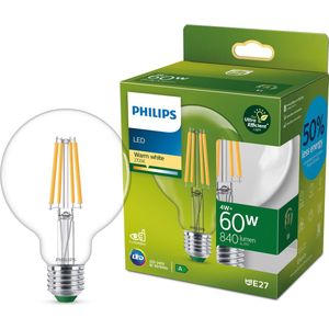Philips Ultra Efficient LED lamp Globe Transparant - 60 W - E27 - Warmwit licht
