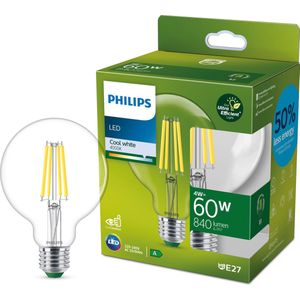 Philips Ultra Efficient LED lamp Globe Transparant - 60 W - E27 - Koelwit licht