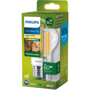 Philips Ultra Efficient LED lamp Transparant - 60 W - E27 - Dimbaar warmwit licht
