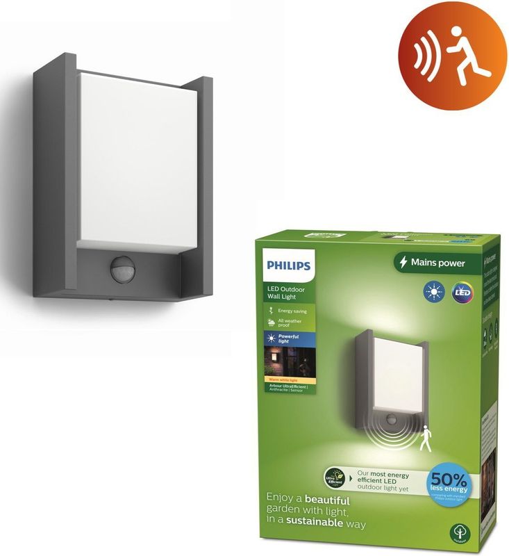 Philips Arbour wandlamp - Ultra Efficient - antraciet - met sensor - 3,8W