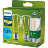 Philips Ultra Efficient LED lamp Transparant - 40 W - E27 - Warmwit licht - 2-pack