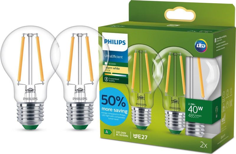 Philips Ultra Efficient LED lamp Transparant - 40 W - E27 - Warmwit licht - 2-pack