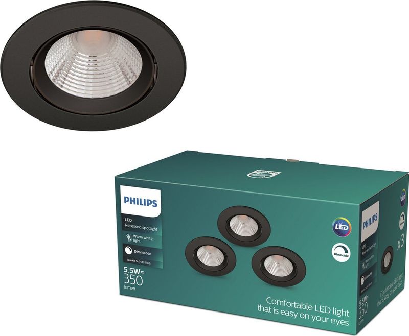 Philips - Sparkle - Inbouwspot - Zwart - Dimbaar - 5.5W - Multi-pack 3 stuks