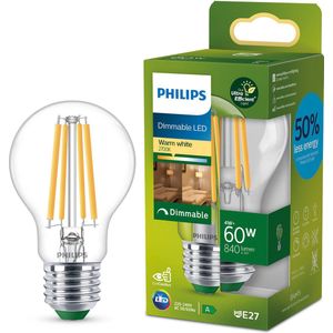 Philips Ultra Efficient LED lamp Transparant - 60 W - E27 - Dimbaar warmwit licht - Energielabel A