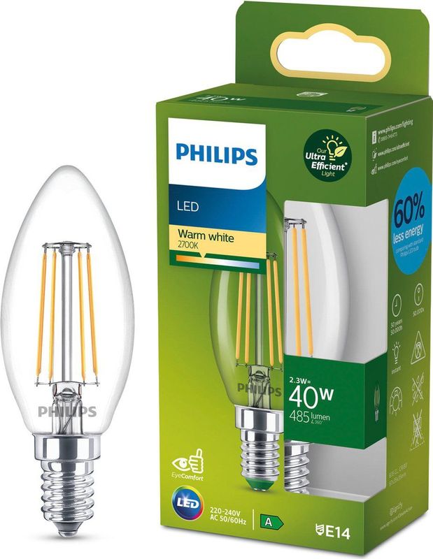 Philips Ultra Efficient LED kaarslamp Transparant - 40 W - E14 - Warmwit licht - Energielabel A