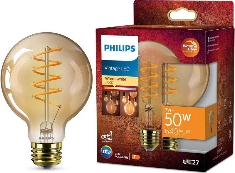 Philips Deco LED - WarmGlow - 50W - E27 fitting - G95 Globe lampvorm - Amberkleurige lamp