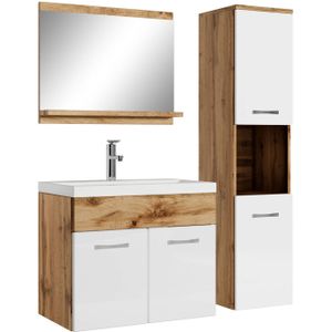 Badkamermeubel Montreal, set, 60 cm, wastafel, eiken met wit, onderkast, hoge kast, wastafel, meubel
