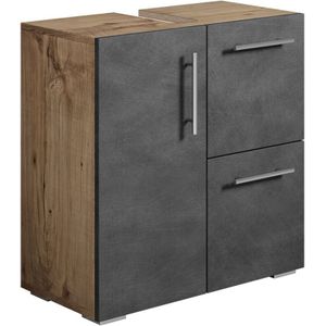 Badplaats Wastafel Onderkast Mars 60 x 30 x 60 cm - Kastanje Eiken met Donker Grijs - Badkamerkast – Staand Wastafelmeubel