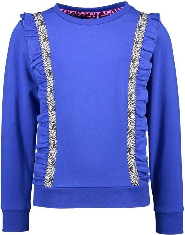 B-nosy - Meisjes Trui - Cobalt Blue - Verticale Ruffles - Contrast Tape met Zebra Print