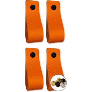 Leren handgrepen - Oranje - 4 stuks - 16,5 x 2,5 cm - incl. 3 kleuren schroeven - handgrepen kast leer - meubelgrepen - handvaten kast - leren lus