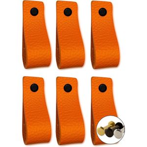 Leren handgrepen - Oranje - 6 stuks - 16,5 x 2,5 cm - handgrepen kast leer - meubelgrepen - handvaten kast - leren lus