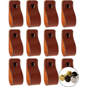 Leren handgrepen - Cognac - 12 stuks - 12,5 x 2,5 cm - incl. 3 kleuren schroeven - Handgrepen leer - Leren meubelgreep - Leren handvaten kast - Leren lus - Handgreep kast leer - Leren greepjes - Handvat leer - Leren deurgreep - Leren handgreep