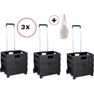 Kinzo Opvouwbare Boodschappentrolley - Zwart - Opvouwbare Krat - tot 25KG - op Wieltjes - 3 Stuks + Boodschappennet