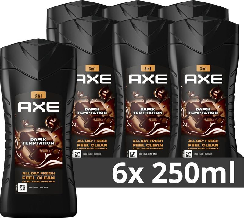 AXE 3-in-1 Douchegel - Dark Temptation - met de geur van donkere chocolade en een vleugje kruiden - 6 x 250 ml