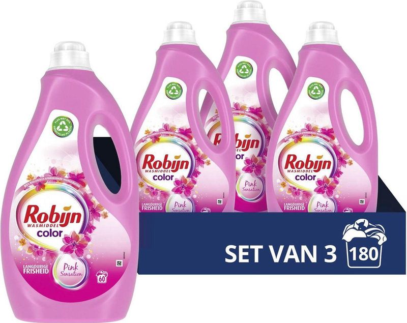 3x Robijn Vloeibaar Wasmiddel Color Pink Sensation 60 Wasbeurten 3 liter