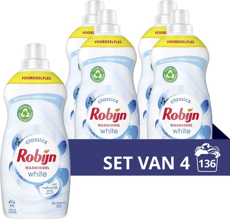 4x Robijn Klein & Krachtig Wasmiddel Stralend Wit 34 Wasbeurten 1,19 liter
