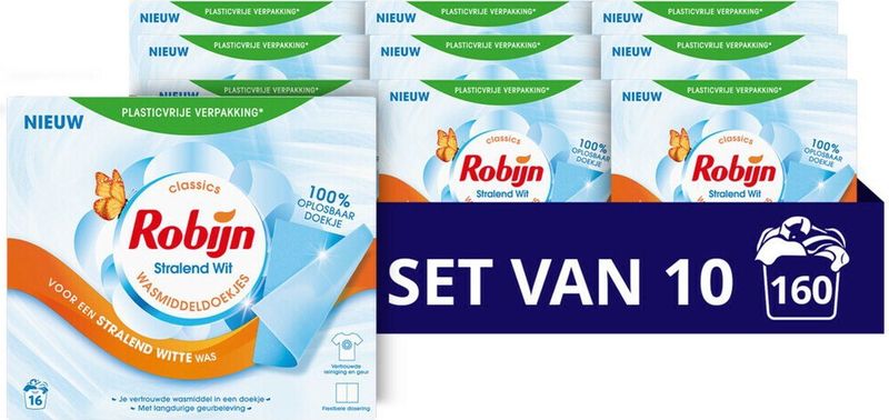 Robijn - Stralend Wit - Wasmiddeldoekjes - 10x16 Wasstrips - Voordeelverpakking