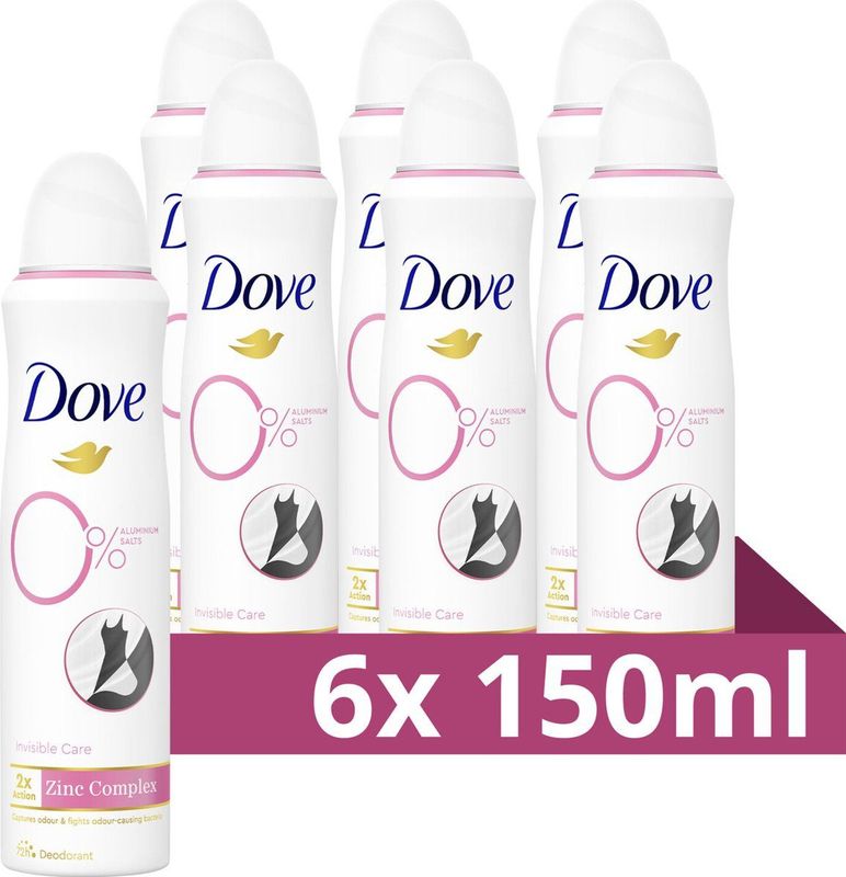 Dove 0% Aluminiumzouten Deodorant Spray - Invisible Care - bevat het 2x Action Zinc-Complex - 6 x 150 ml