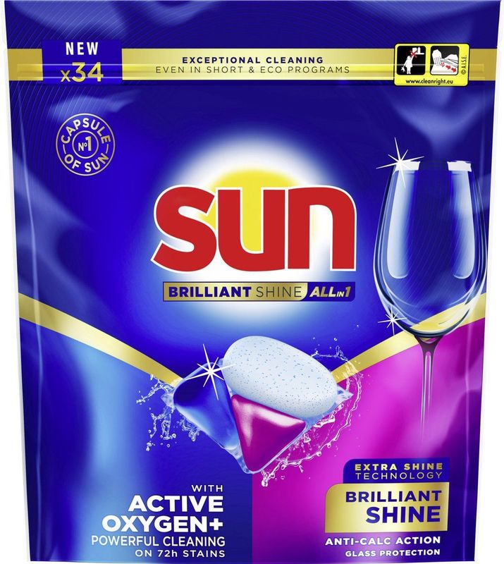 Sun - Vaatwascapsules - Brilliant Shine - All-in 1 - een capsule met Active Oxygen+ - 34 Vaatwastabletten