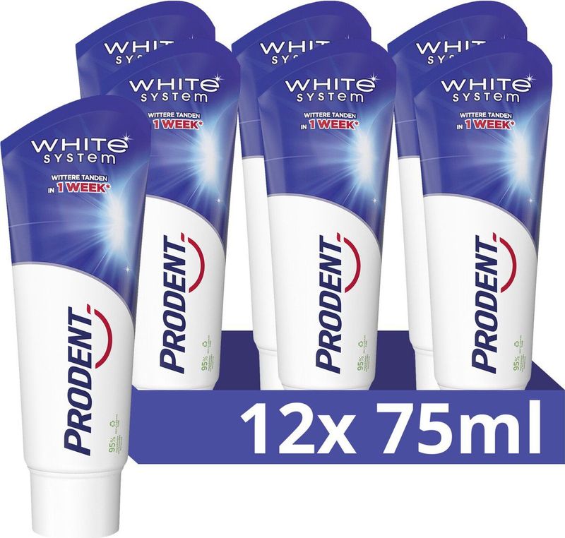 Prodent Tandpasta - White System - met een natuurlijk witmakend ingrediënt dat het tandglazuur reinigt - 12 x 75 ml