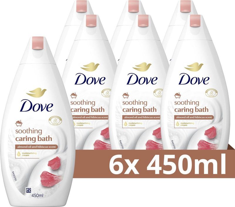 Dove Soothing Caring Bath Badcrème - Amandelolie & Hibiscus - verrijkt met 1/4 hydraterende crème - 6 x 450 ml